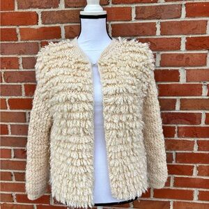 Trina Turk Cream Loop Knit Textured 100% Wool Button Neck Cardigan Womens Medium